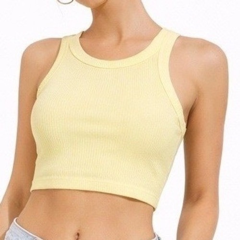RSQ Womens M/L Pale Yellow Ribbed Seamless High Neck Racerback Crop Tank Top